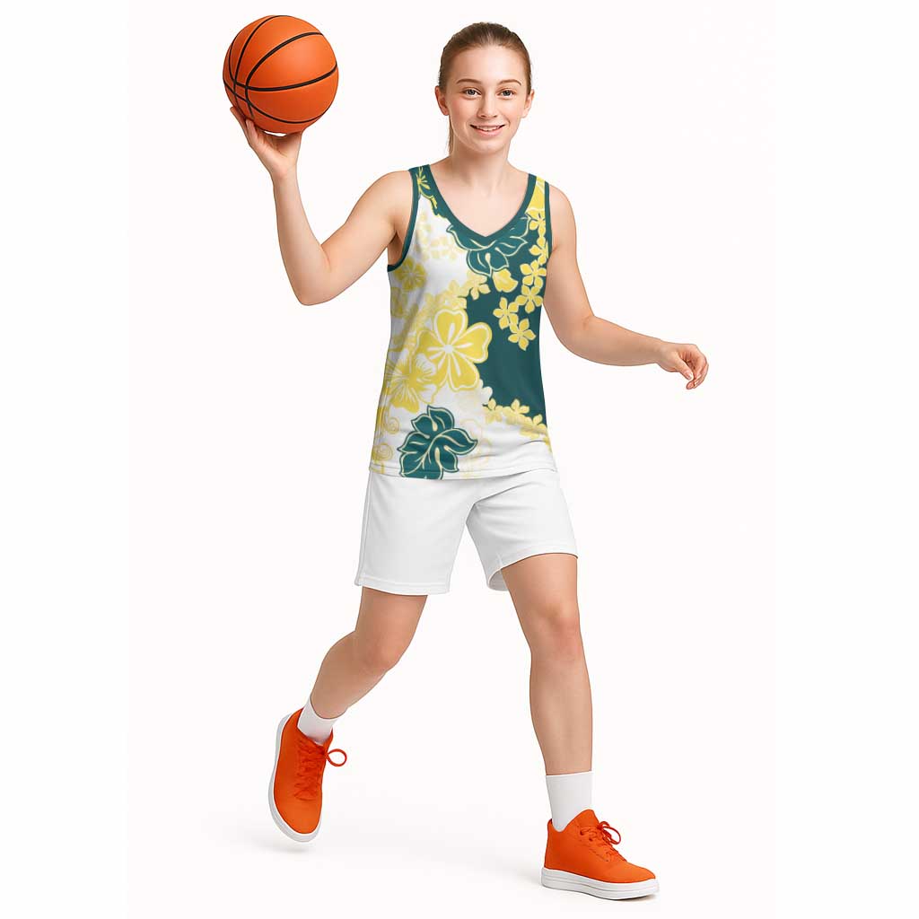 Yelow Teal Hibiscus Plumeria Floral Basketball Jersey - Polynesian Pride