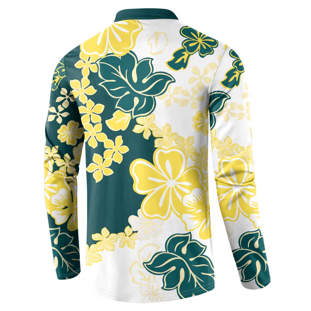 Yelow Teal Hibiscus Plumeria Floral Button Sweatshirt - Polynesian Pride