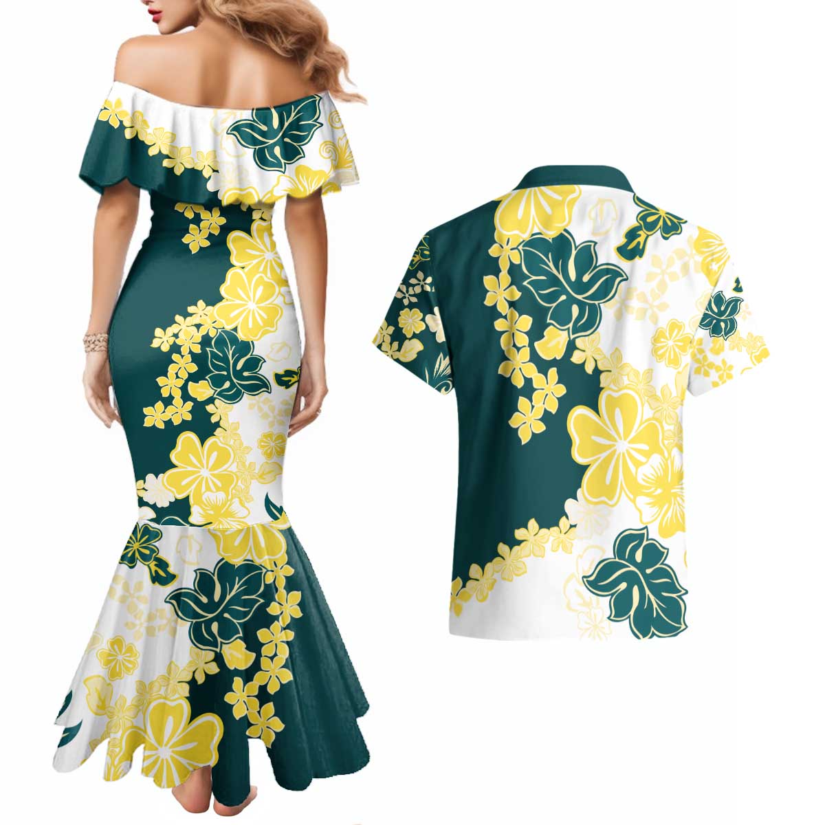 Yelow Teal Hibiscus Plumeria Floral Couples Matching Mermaid Dress and Hawaiian Shirt LT01 - Polynesian Pride