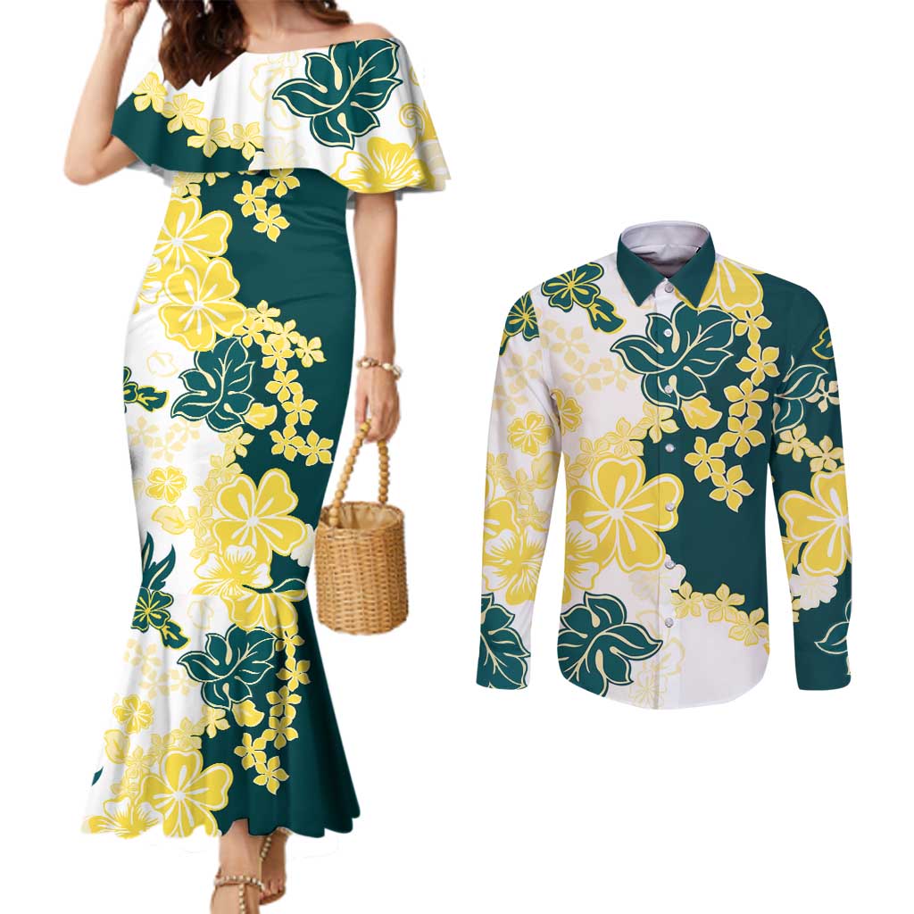 Yelow Teal Hibiscus Plumeria Floral Couples Matching Mermaid Dress and Long Sleeve Button Shirt LT01 Yellow - Polynesian Pride