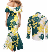 Yelow Teal Hibiscus Plumeria Floral Couples Matching Mermaid Dress and Long Sleeve Button Shirt LT01 - Polynesian Pride