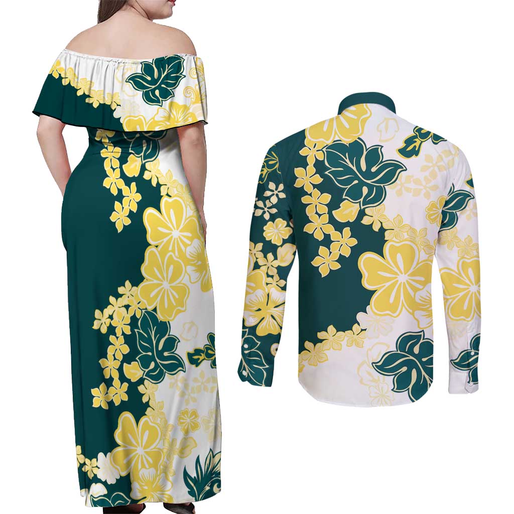 Yelow Teal Hibiscus Plumeria Floral Couples Matching Off Shoulder Maxi Dress and Long Sleeve Button Shirt LT01 - Polynesian Pride