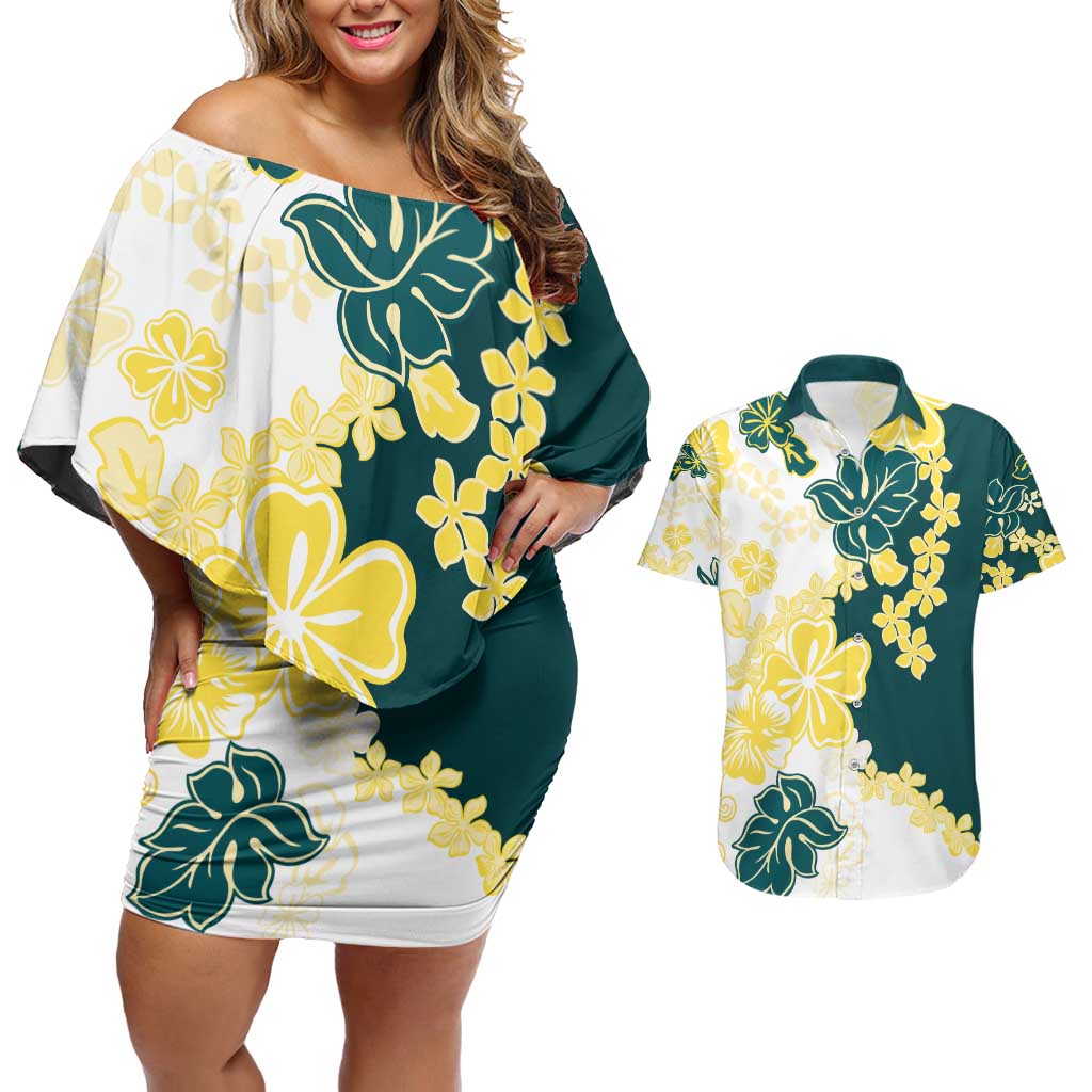 Yelow Teal Hibiscus Plumeria Floral Couples Matching Off Shoulder Short Dress and Hawaiian Shirt LT01 Yellow - Polynesian Pride