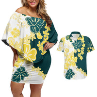 Yelow Teal Hibiscus Plumeria Floral Couples Matching Off Shoulder Short Dress and Hawaiian Shirt LT01 Yellow - Polynesian Pride