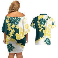 Yelow Teal Hibiscus Plumeria Floral Couples Matching Off Shoulder Short Dress and Hawaiian Shirt LT01 - Polynesian Pride
