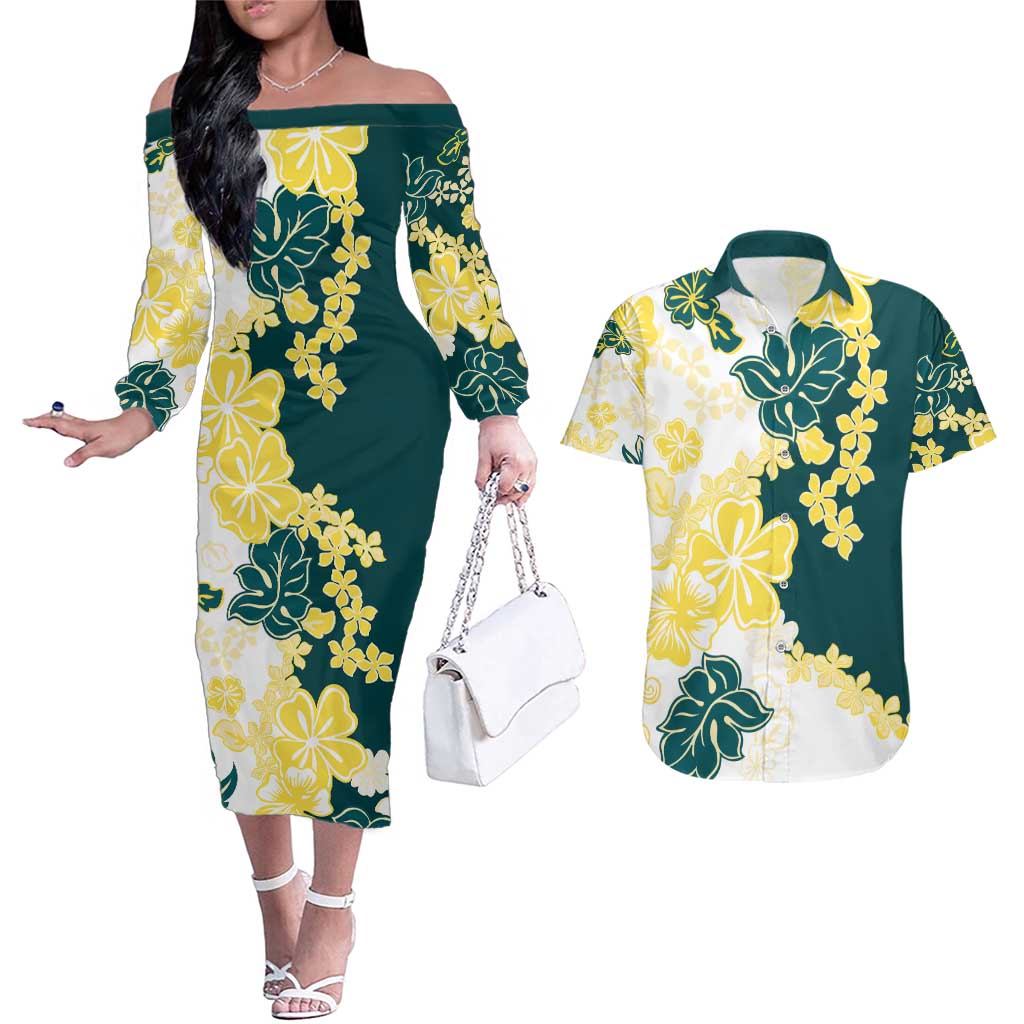 Yelow Teal Hibiscus Plumeria Floral Couples Matching Off The Shoulder Long Sleeve Dress and Hawaiian Shirt LT01 Yellow - Polynesian Pride