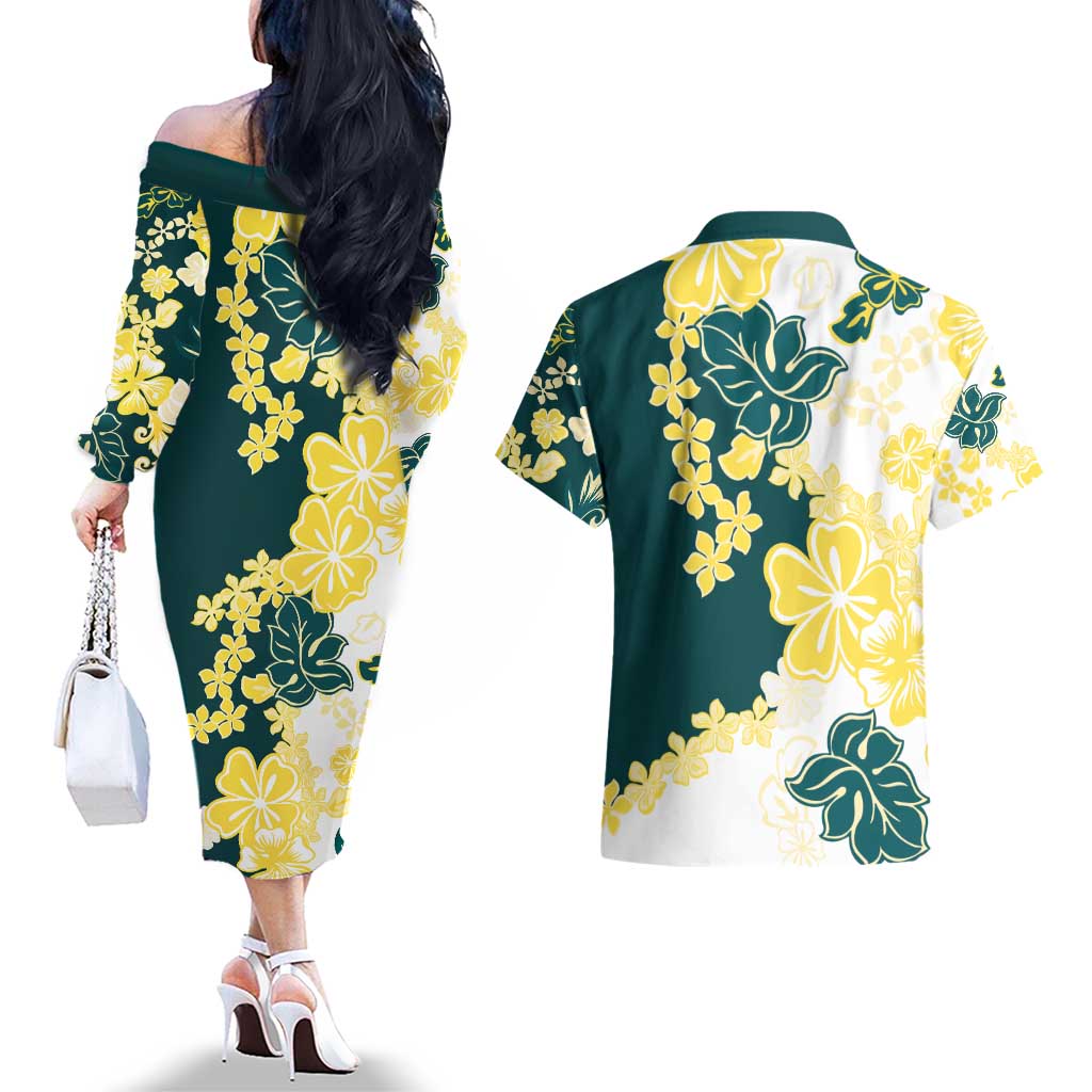 Yelow Teal Hibiscus Plumeria Floral Couples Matching Off The Shoulder Long Sleeve Dress and Hawaiian Shirt LT01 - Polynesian Pride