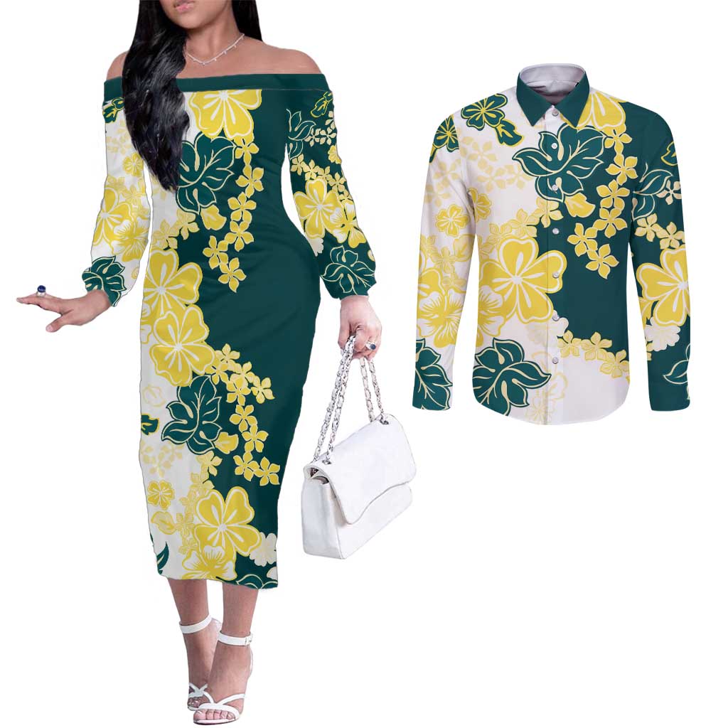 Yelow Teal Hibiscus Plumeria Floral Couples Matching Off The Shoulder Long Sleeve Dress and Long Sleeve Button Shirt LT01 Yellow - Polynesian Pride