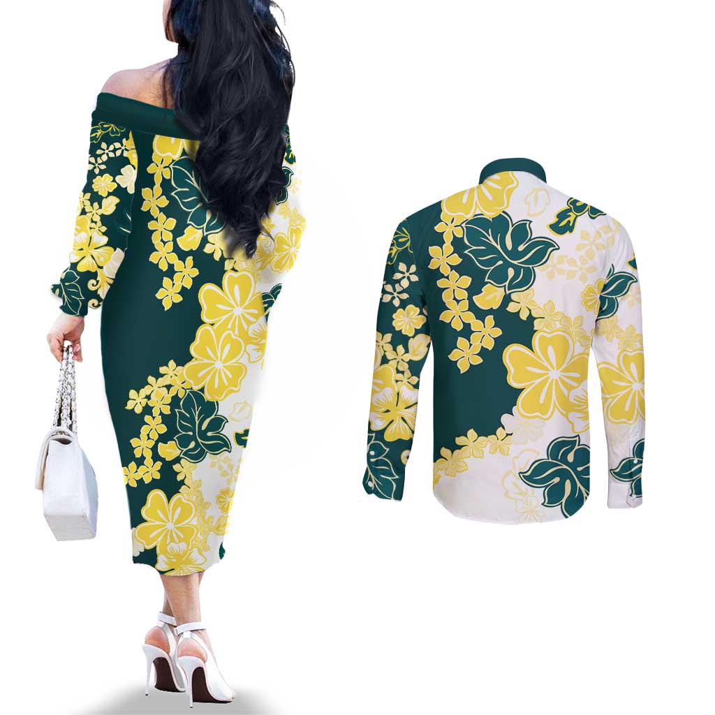 Yelow Teal Hibiscus Plumeria Floral Couples Matching Off The Shoulder Long Sleeve Dress and Long Sleeve Button Shirt LT01 - Polynesian Pride