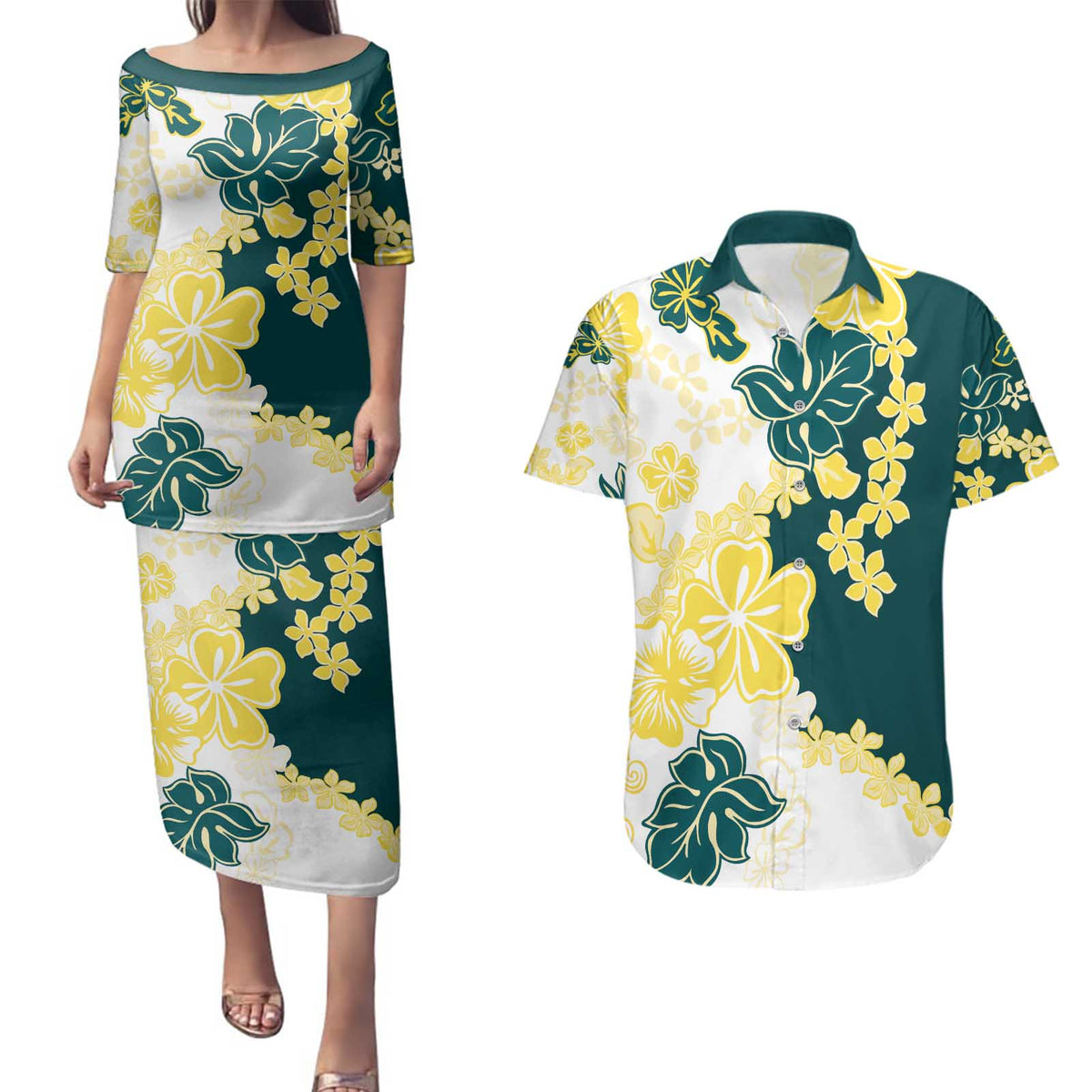 Yelow Teal Hibiscus Plumeria Floral Couples Matching Puletasi and Hawaiian Shirt LT01 Yellow - Polynesian Pride