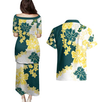 Yelow Teal Hibiscus Plumeria Floral Couples Matching Puletasi and Hawaiian Shirt LT01 - Polynesian Pride