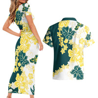 Yelow Teal Hibiscus Plumeria Floral Couples Matching Short Sleeve Bodycon Dress and Hawaiian Shirt LT01 - Polynesian Pride
