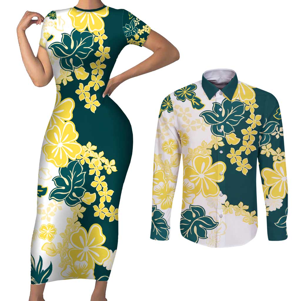 Yelow Teal Hibiscus Plumeria Floral Couples Matching Short Sleeve Bodycon Dress and Long Sleeve Button Shirt LT01 Yellow - Polynesian Pride