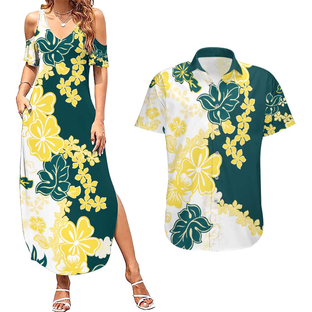 Yelow Teal Hibiscus Plumeria Floral Couples Matching Summer Maxi Dress and Hawaiian Shirt LT01 Yellow - Polynesian Pride