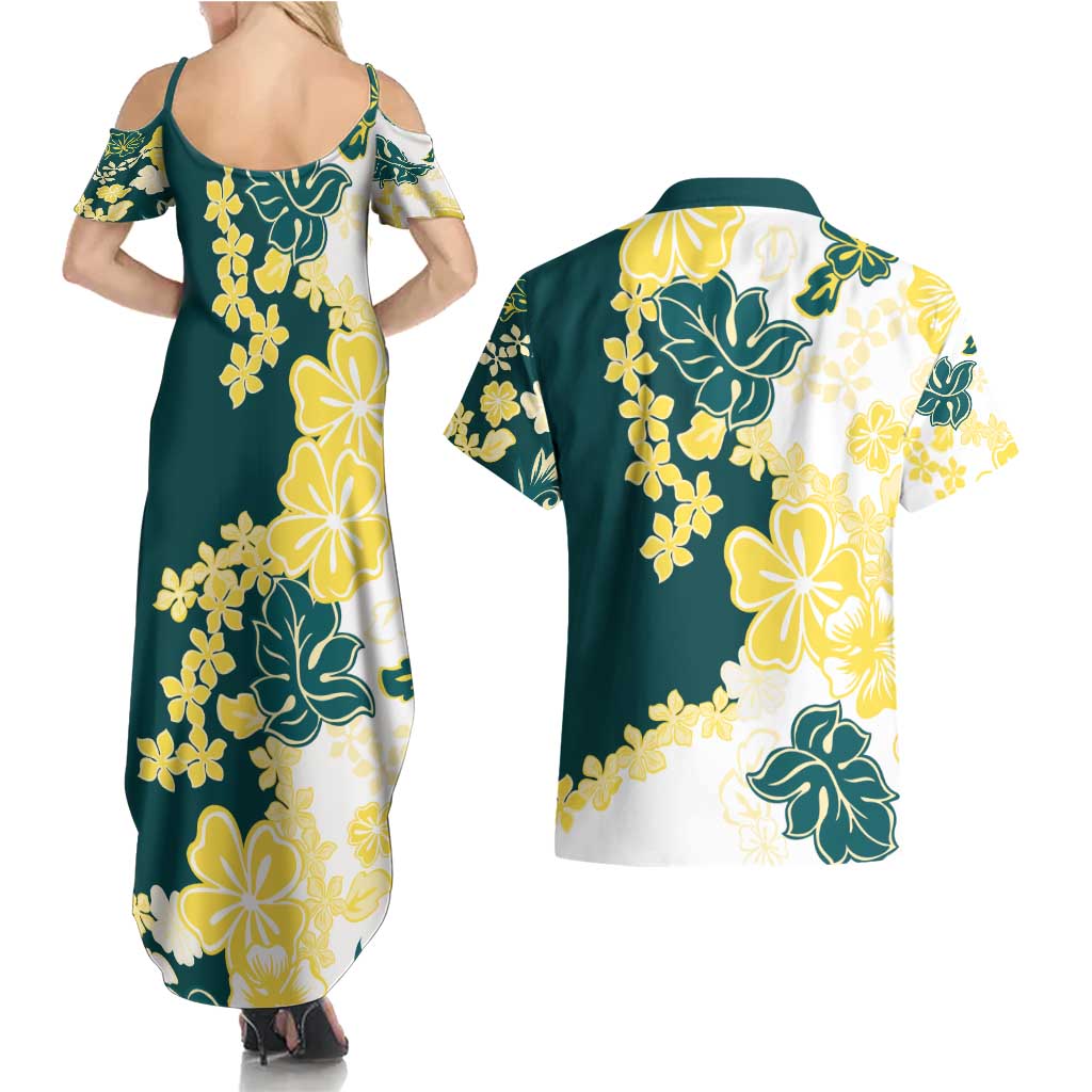 Yelow Teal Hibiscus Plumeria Floral Couples Matching Summer Maxi Dress and Hawaiian Shirt LT01 - Polynesian Pride