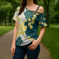 Yelow Teal Hibiscus Plumeria Floral Cross Shoulder Shirt - Polynesian Pride