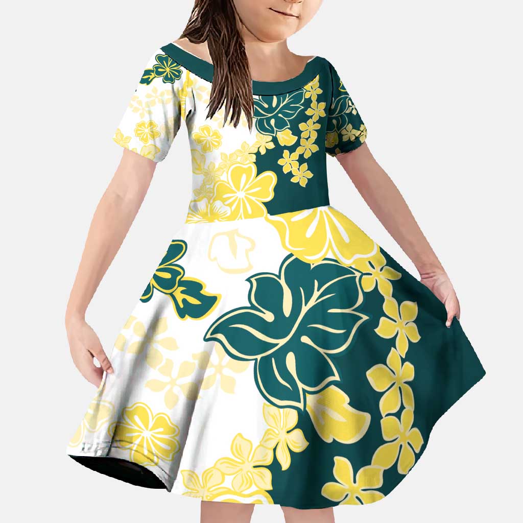 Yelow Teal Hibiscus Plumeria Floral Family Matching Long Sleeve Bodycon Dress and Hawaiian Shirt LT01 Daughter's Dress Yellow - Polynesian Pride