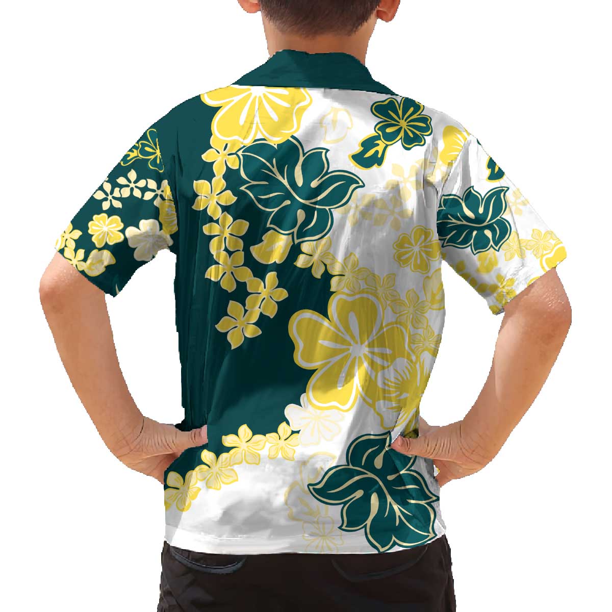 Yelow Teal Hibiscus Plumeria Floral Family Matching Off The Shoulder Long Sleeve Dress and Hawaiian Shirt LT01 - Polynesian Pride