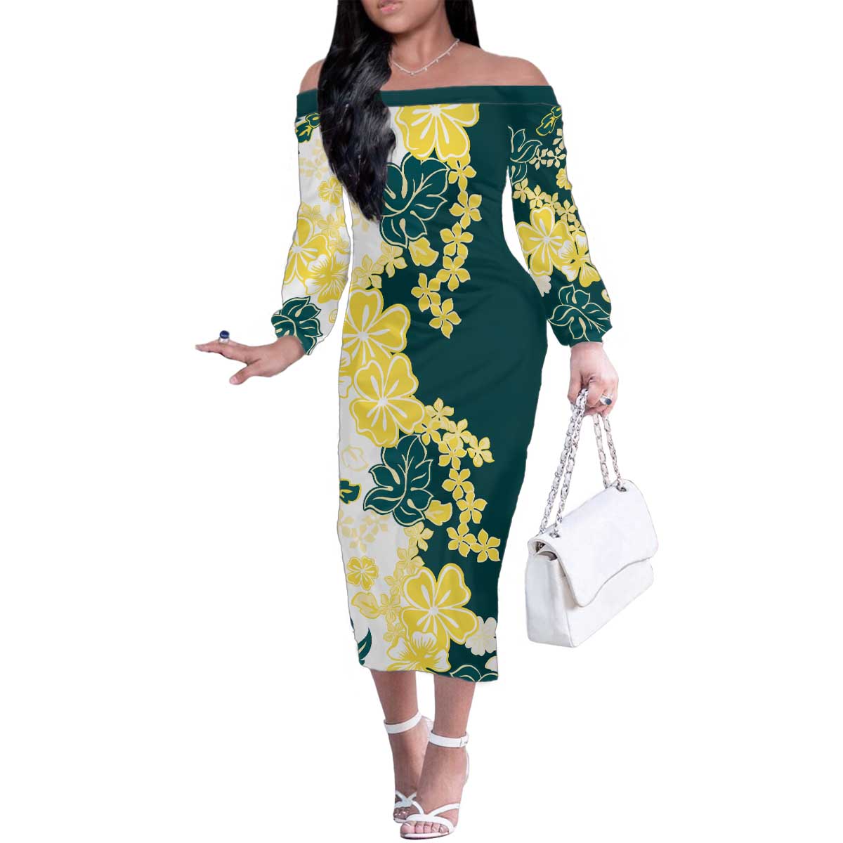 Yelow Teal Hibiscus Plumeria Floral Family Matching Off The Shoulder Long Sleeve Dress and Hawaiian Shirt LT01 Mom's Dress Yellow - Polynesian Pride