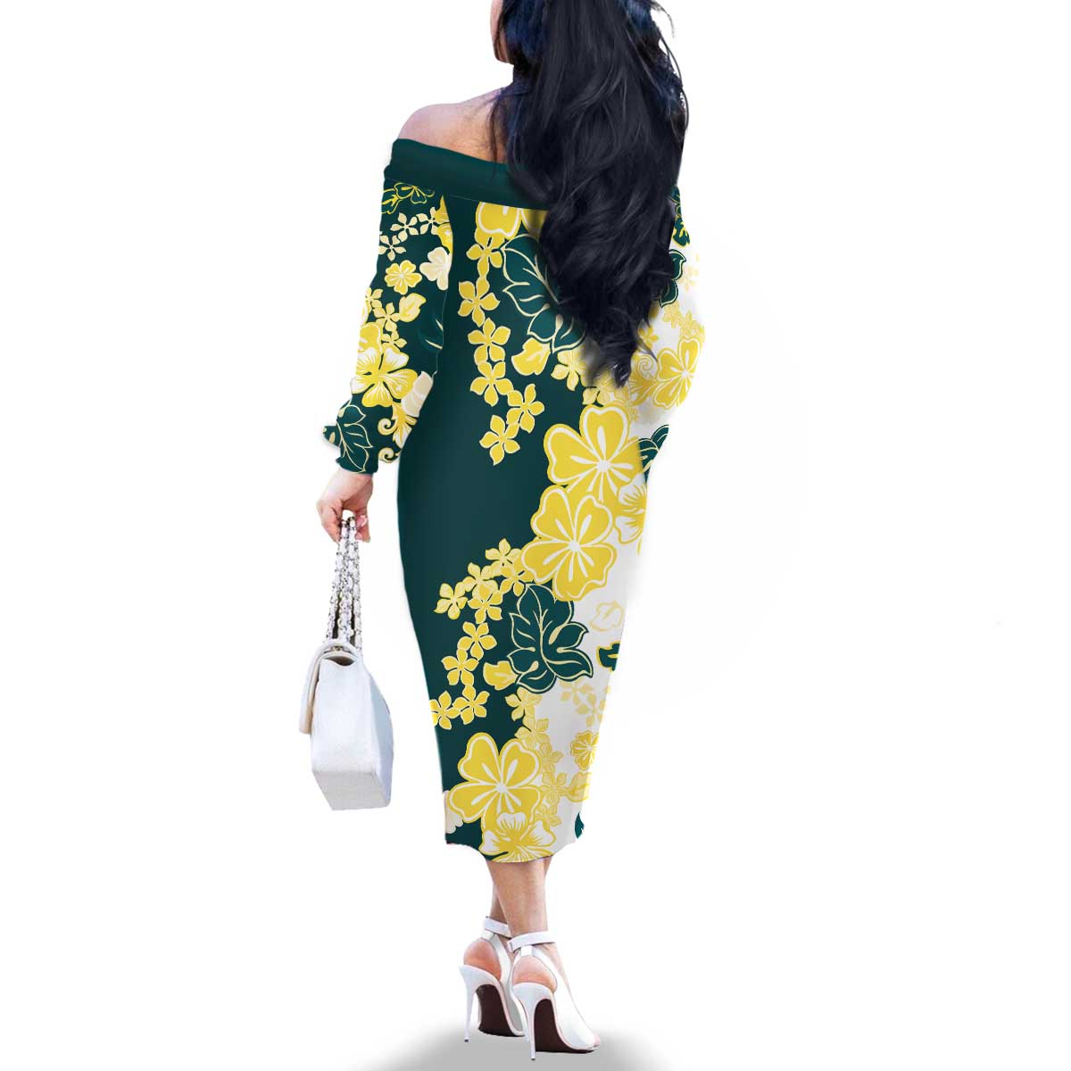 Yelow Teal Hibiscus Plumeria Floral Family Matching Off The Shoulder Long Sleeve Dress and Hawaiian Shirt LT01 - Polynesian Pride