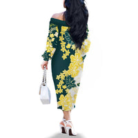Yelow Teal Hibiscus Plumeria Floral Family Matching Off The Shoulder Long Sleeve Dress and Hawaiian Shirt LT01 - Polynesian Pride