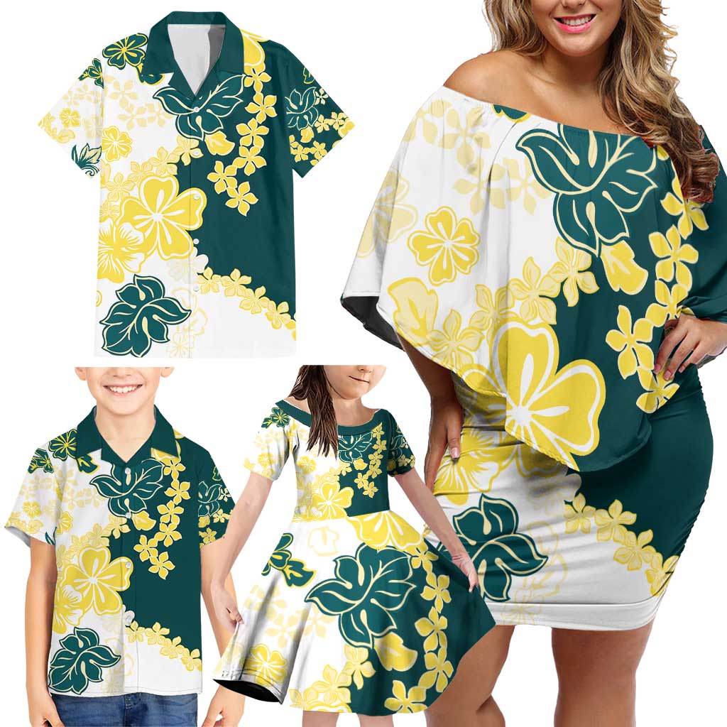 Yelow Teal Hibiscus Plumeria Floral Family Matching Off Shoulder Short Dress and Hawaiian Shirt LT01 - Polynesian Pride