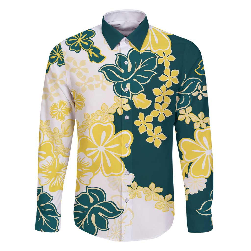 Yelow Teal Hibiscus Plumeria Floral Family Matching Off Shoulder Short Dress and Hawaiian Shirt LT01 Dad's Shirt - Long Sleeve Yellow - Polynesian Pride