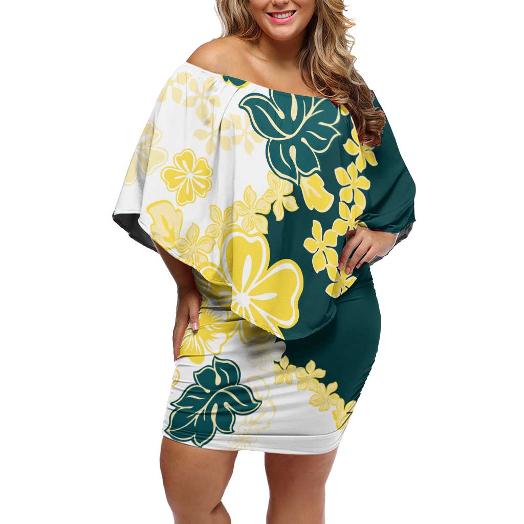 Yelow Teal Hibiscus Plumeria Floral Family Matching Off Shoulder Short Dress and Hawaiian Shirt LT01 Mom's Dress Yellow - Polynesian Pride