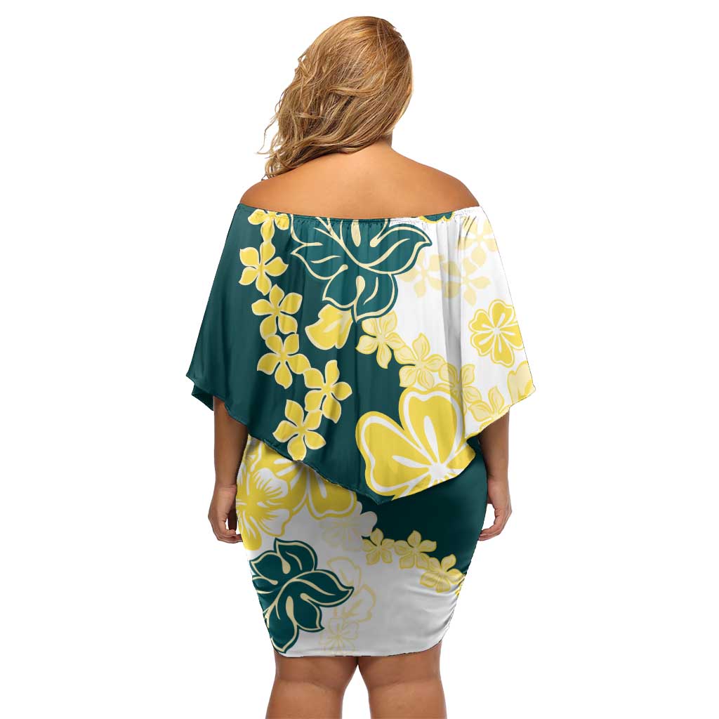 Yelow Teal Hibiscus Plumeria Floral Family Matching Off Shoulder Short Dress and Hawaiian Shirt LT01 - Polynesian Pride