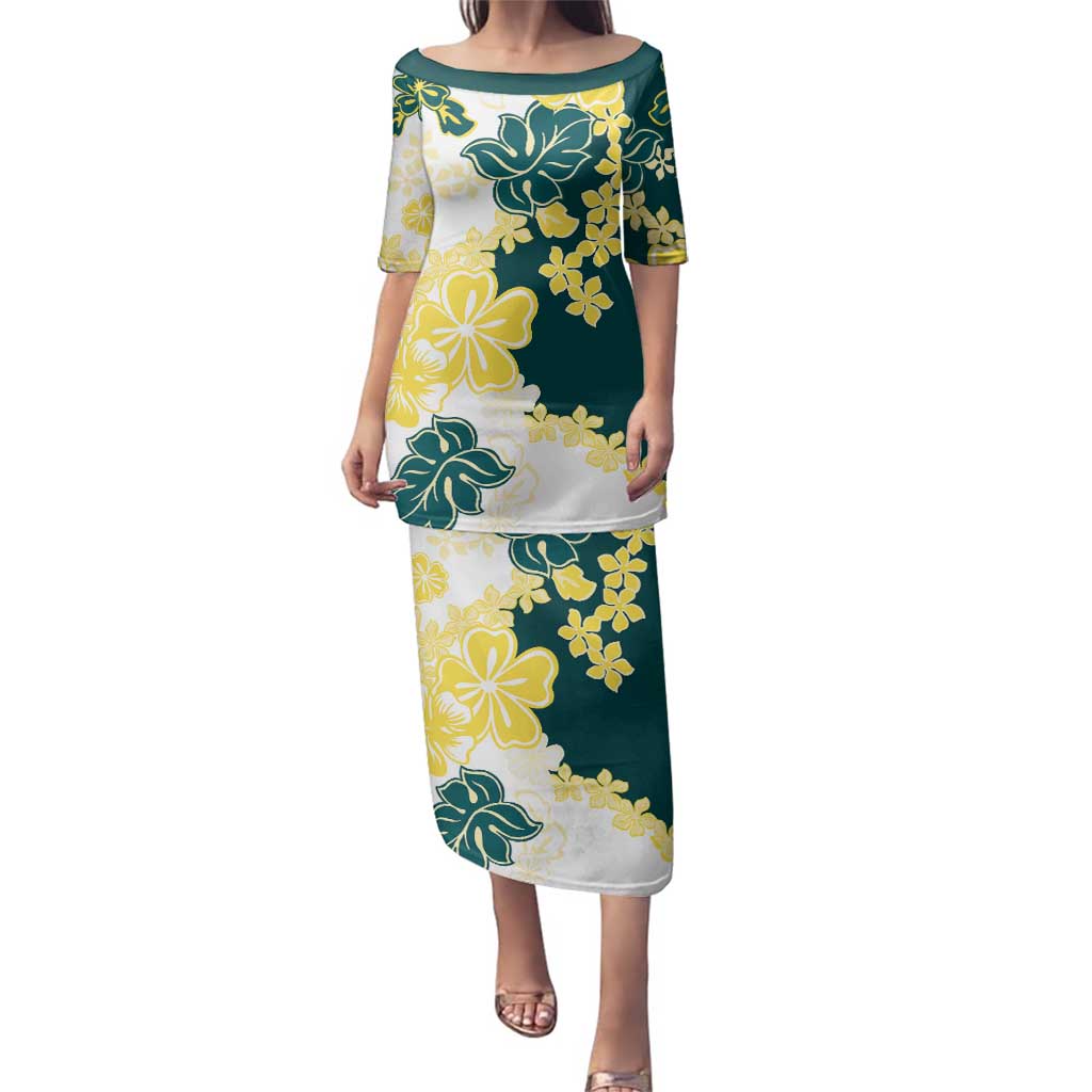 Yelow Teal Hibiscus Plumeria Floral Family Matching Puletasi and Hawaiian Shirt LT01 Mom's Dress Yellow - Polynesian Pride