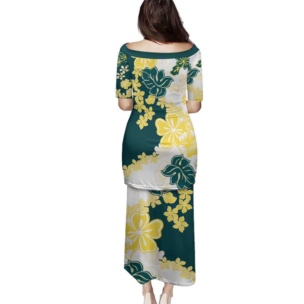 Yelow Teal Hibiscus Plumeria Floral Family Matching Puletasi and Hawaiian Shirt LT01 - Polynesian Pride
