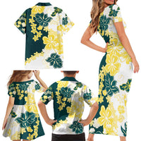 Yelow Teal Hibiscus Plumeria Floral Family Matching Short Sleeve Bodycon Dress and Hawaiian Shirt LT01 - Polynesian Pride