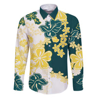 Yelow Teal Hibiscus Plumeria Floral Family Matching Short Sleeve Bodycon Dress and Hawaiian Shirt LT01 Dad's Shirt - Long Sleeve Yellow - Polynesian Pride