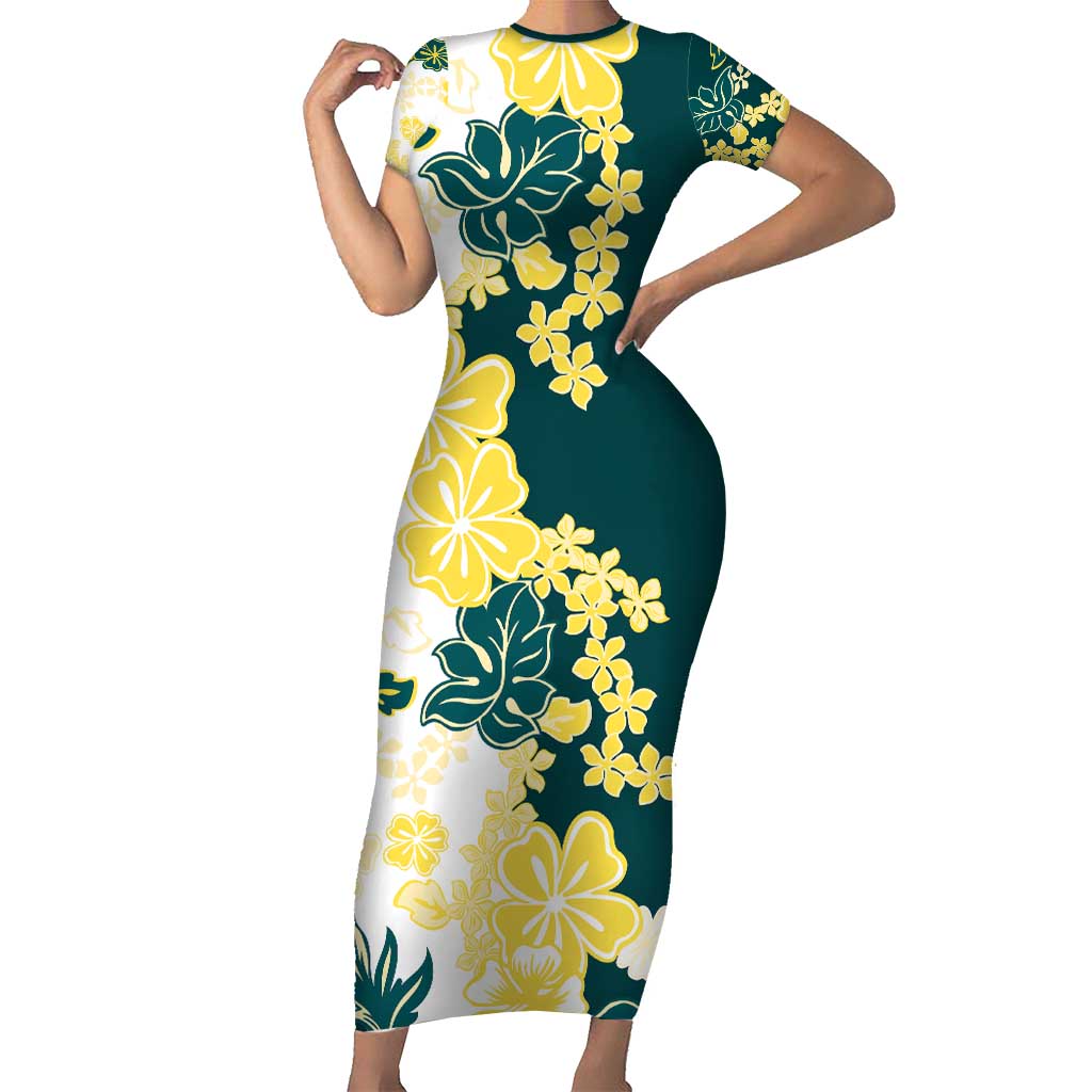 Yelow Teal Hibiscus Plumeria Floral Family Matching Short Sleeve Bodycon Dress and Hawaiian Shirt LT01 Mom's Dress Yellow - Polynesian Pride