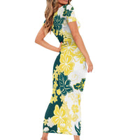 Yelow Teal Hibiscus Plumeria Floral Family Matching Short Sleeve Bodycon Dress and Hawaiian Shirt LT01 - Polynesian Pride