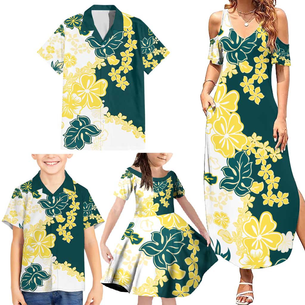 Yelow Teal Hibiscus Plumeria Floral Family Matching Summer Maxi Dress and Hawaiian Shirt LT01 - Polynesian Pride