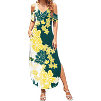 Yelow Teal Hibiscus Plumeria Floral Family Matching Summer Maxi Dress and Hawaiian Shirt LT01 Mom's Dress Yellow - Polynesian Pride