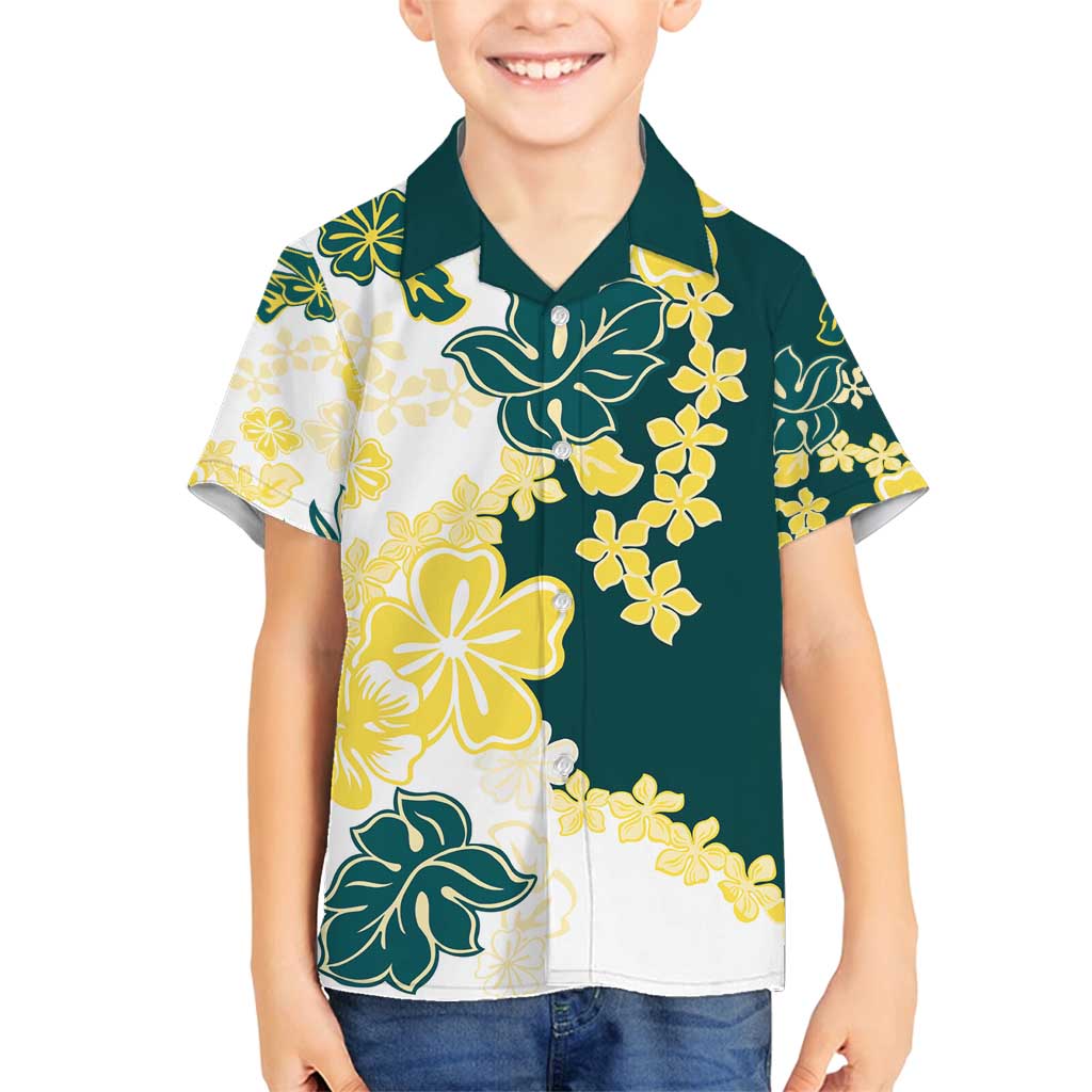 Yelow Teal Hibiscus Plumeria Floral Family Matching Summer Maxi Dress and Hawaiian Shirt LT01 Son's Shirt Yellow - Polynesian Pride