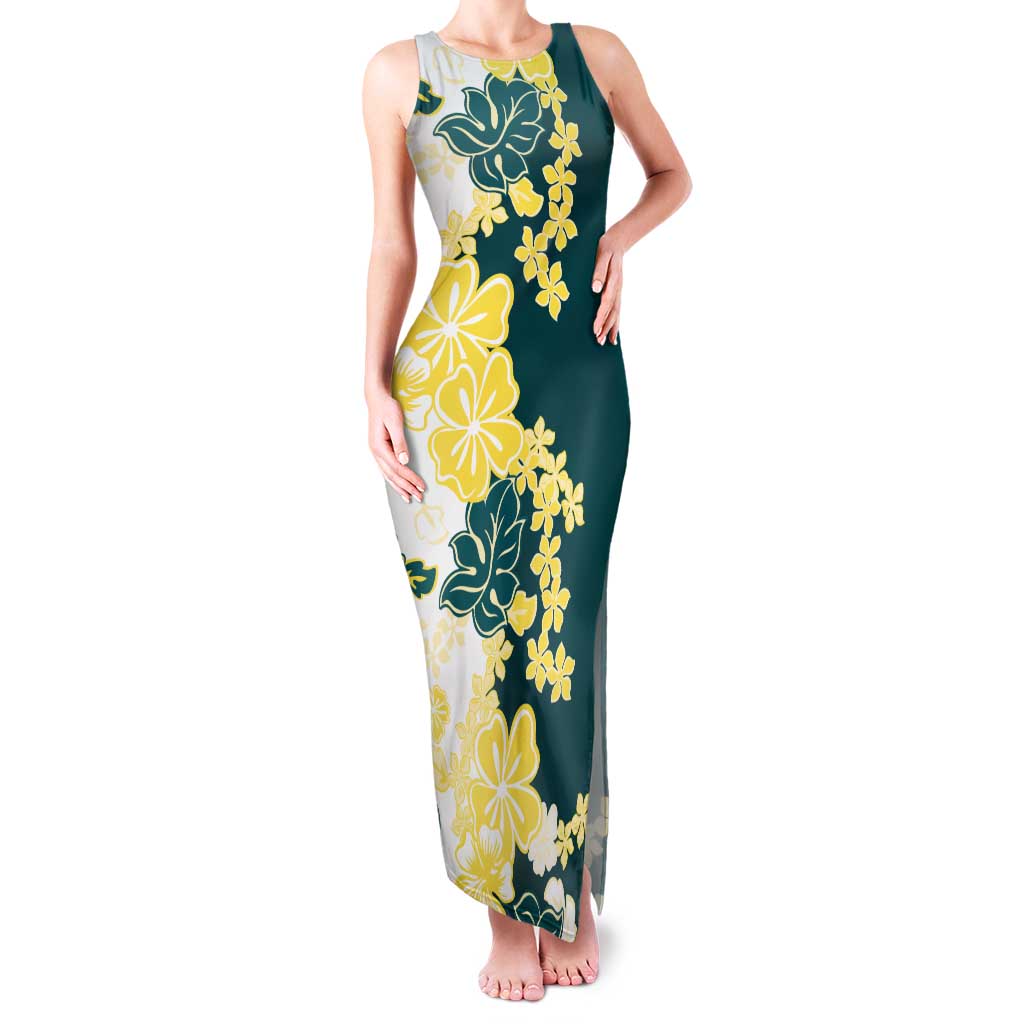 Yelow Teal Hibiscus Plumeria Floral Family Matching Tank Maxi Dress and Hawaiian Shirt LT01 Mom's Dress Yellow - Polynesian Pride