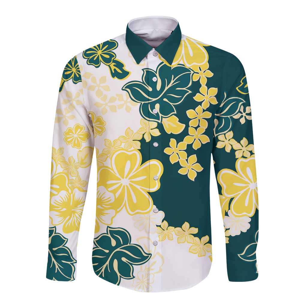Yelow Teal Hibiscus Plumeria Floral Long Sleeve Button Shirt - Polynesian Pride