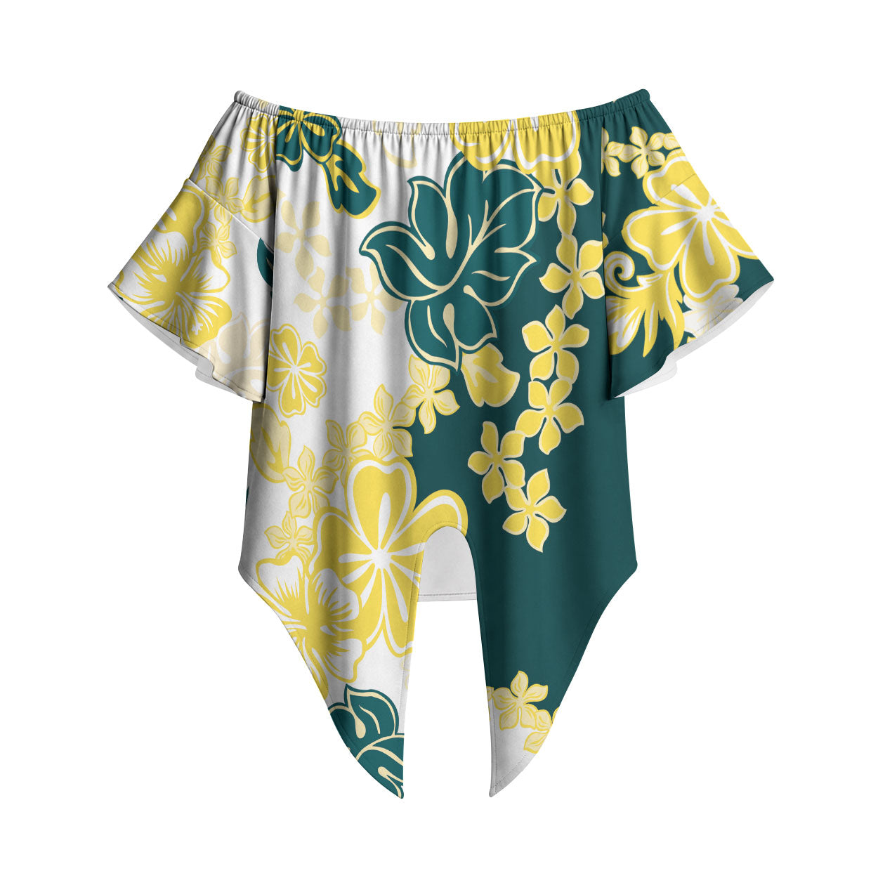 Yelow Teal Hibiscus Plumeria Floral Off Shoulder Wrap Waist Top LT01 Yellow - Polynesian Pride