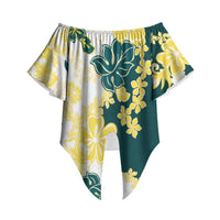 Yelow Teal Hibiscus Plumeria Floral Off Shoulder Wrap Waist Top LT01 Yellow - Polynesian Pride