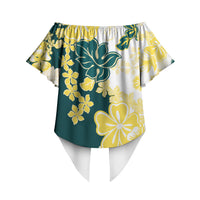 Yelow Teal Hibiscus Plumeria Floral Off Shoulder Wrap Waist Top LT01 - Polynesian Pride