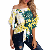 Yelow Teal Hibiscus Plumeria Floral Off Shoulder Wrap Waist Top LT01 - Polynesian Pride