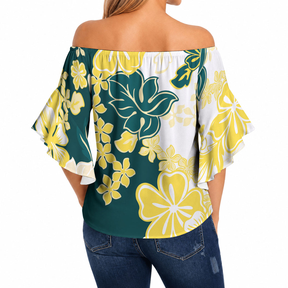 Yelow Teal Hibiscus Plumeria Floral Off Shoulder Wrap Waist Top LT01 - Polynesian Pride
