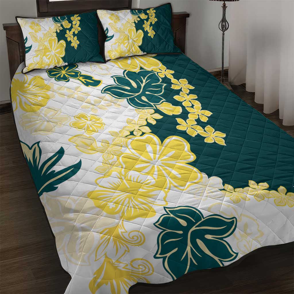 Yelow Teal Hibiscus Plumeria Floral Quilt Bed Set LT01 Yellow - Polynesian Pride