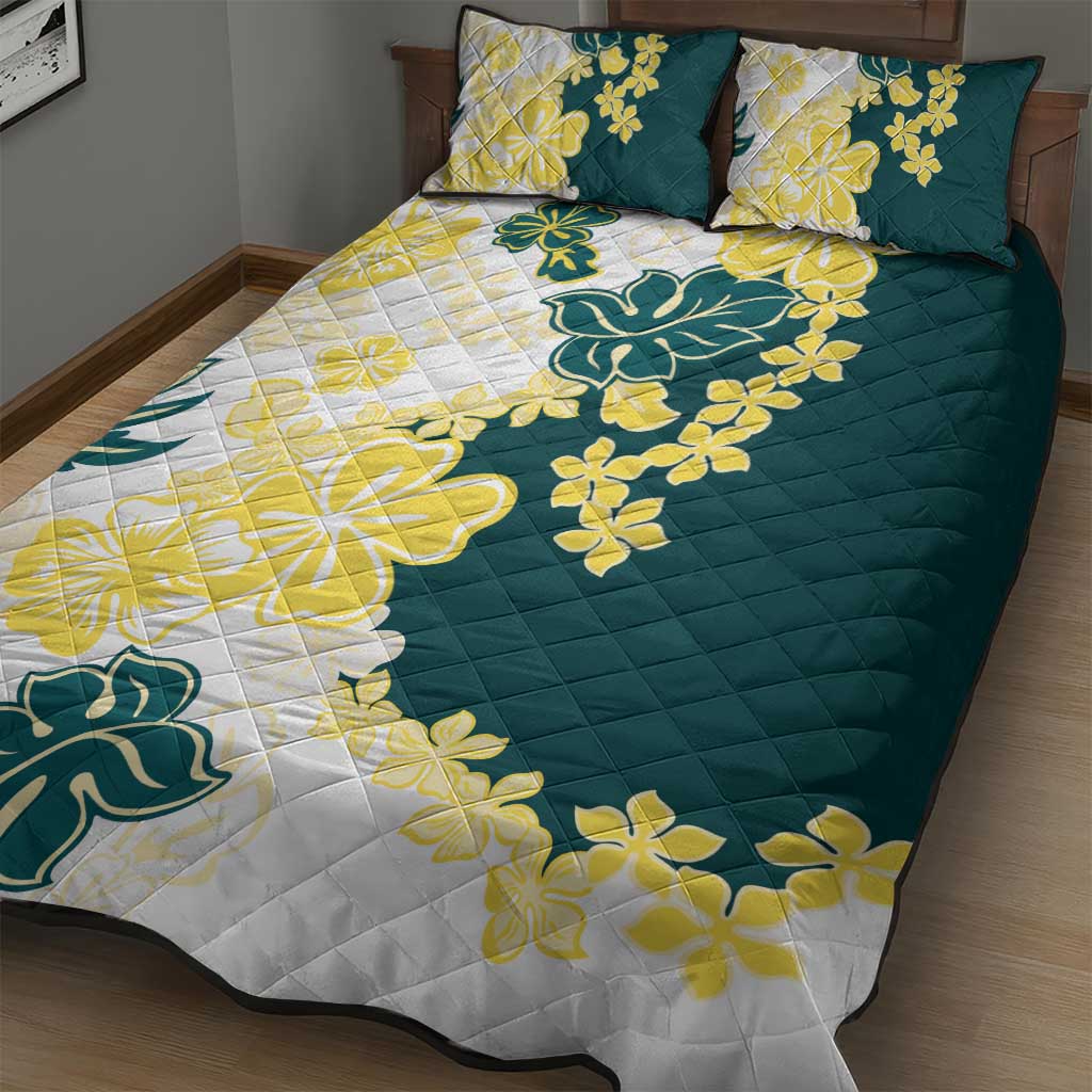 Yelow Teal Hibiscus Plumeria Floral Quilt Bed Set LT01 - Polynesian Pride
