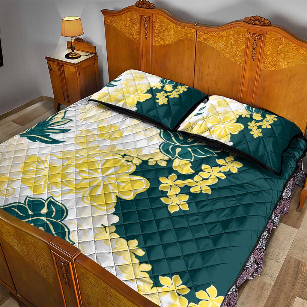 Yelow Teal Hibiscus Plumeria Floral Quilt Bed Set LT01 - Polynesian Pride