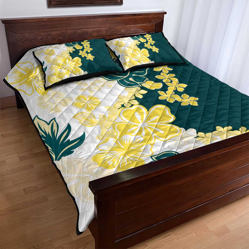 Yelow Teal Hibiscus Plumeria Floral Quilt Bed Set LT01 - Polynesian Pride