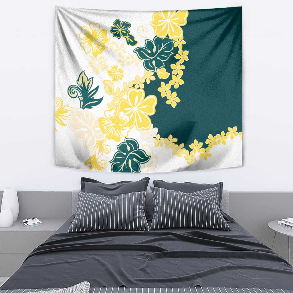 Yelow Teal Hibiscus Plumeria Floral Tapestry LT01 - Polynesian Pride
